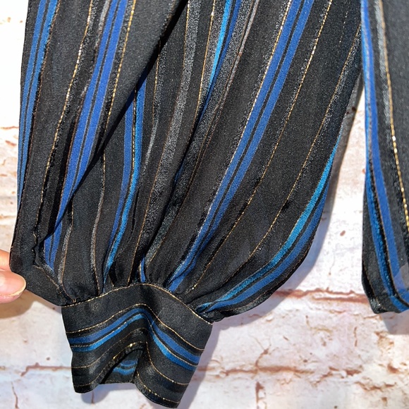 John Yang Shirt Womens 12 Blue Black Striped Long Sleeve Blouse Ruffle High Neck - Picture 8 of 12